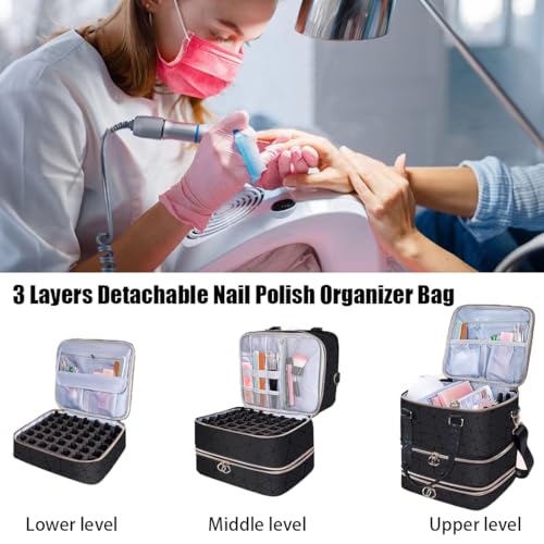 Nail Polish Organizer Bag, 3 Layers Detachable Nail Organizers and Storage, Nail Supplies Organizer, Travel Makeup Bag, Pu Leather Nail Polish Holder Carrying Case Box Holds 84 Bottles & nails Lamp