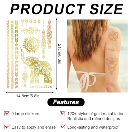 9pcs Gold Temporary Tattoos, 8.3x5.8in Tattoo Stickers Gold Butterfly Star Moon Feather Waterproof Tattoos Stickers for Women Girls Parties Festivals Makeup Cosplay Accessories(Style A)