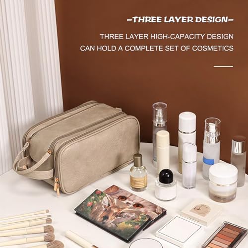 Travel Toiletry Bag for Women Men, Large Travel Toiletry Organizer Makeup Bag, Hanging Cosmetic Bag dopp kit Leather skin care Waterproof Shaving Bag for Toiletries Accessories (beige)