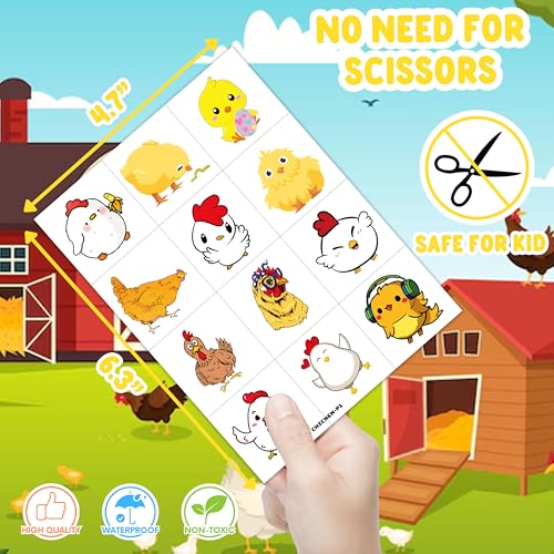 96 PCS Chicken Pre?Cut Temporary Tattoos Birthday Party Decorations Favors Supplies Yellow Chicken Farm Animals Decor Stickers For Girls Boys Gift School Prizes Rewards