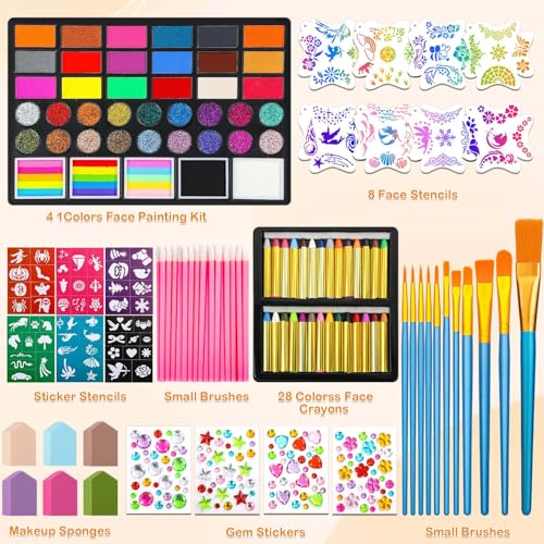 41 Color Face Painting Kit for Beginners & Adults, Non-Toxic Water Activated Face Paint Palette with 28 Crayons, Reusable Stencils, Brush, Sponge, Gems - for Halloween, Birthday, Costume Makeup