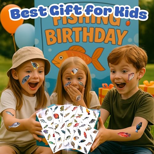 Pre-Cut Fishing Temporary Tattoos - Gone Fishing Fish Lake 96PCS Funny Fish-Themed Stickers for Kids' Birthday Party Supplies, Decorations, Favors, and Prizes - Cute Gifts for Boys and Girls