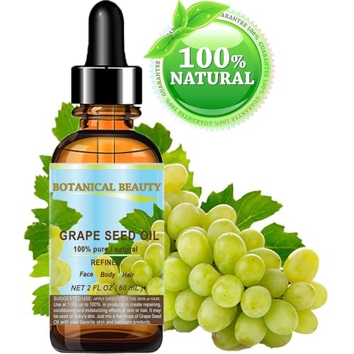 Botanical Beauty GRAPE SEED OIL 100% Pure Natural Undiluted Refined Cold Pressed Carrier Oil for Face, Skin, Body, Hair, Massage, Lip, Nails (2 Fl Oz 60 ml)