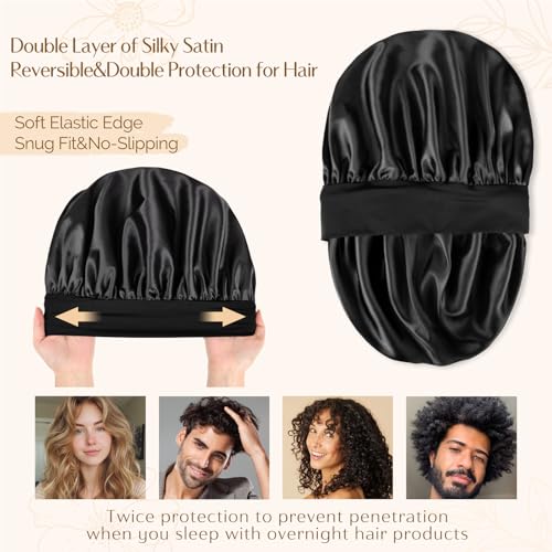 Satin Bonnet Set Includes 1 Satin Bonnet for Man Women(Black) and 1Satin Bonnet for Women(Green)