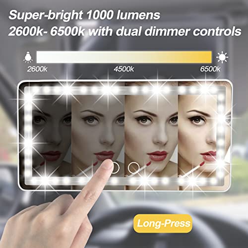 UYYE Car Visor Vanity Mirror, Rear Makeup Mirror, Touch on Screen & 3 Light Modes, Rechargeable Travel Makeup Mirror with LED Lights Mirror, Car Accessories, Built-in Lithium Battery (White)
