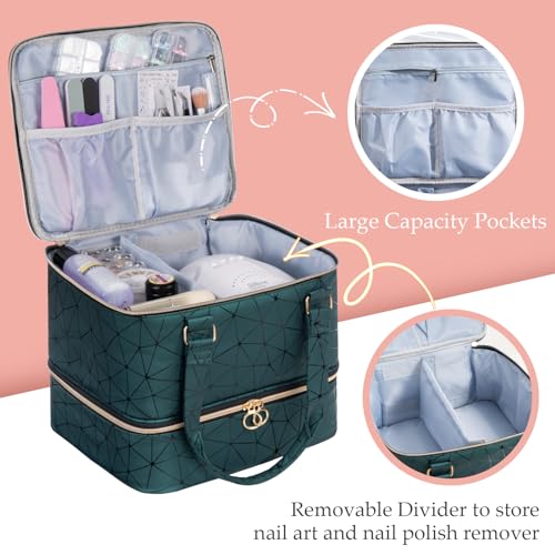 Uross Nail Polish Organizer Bag Holds 42 Bottles Nail Polish & Nail Lamp, Gel Nail Polish Organizers and Storage box for Nail Tech, Nail Kit Supplies Organizer Case - Darkgreen