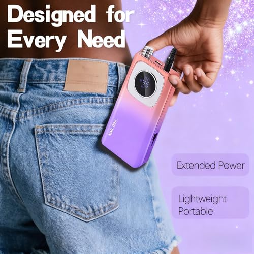 Kylara Electric Nail Drill Professional,45000RPM Portable Nail Drill Kit Cordless E Filer for Acrylic Gel Nails Polishing Removing with LED Display,Low Noise Electric Nail File for Salon&Home
