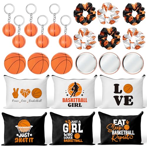 Y1tvei Basketball Party Favors Gifts - 30Pcs Basketball Makeup Bags Include Compact Mirrors Scrunchies Keychain, Stylish Cosmetic Pouch Team Sports Accessory Gift for Women Birthday Basketballs Party