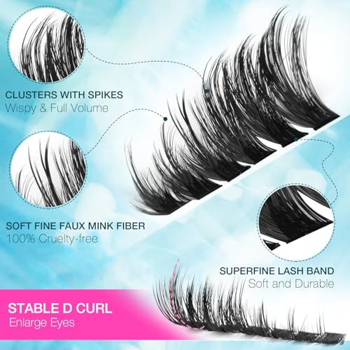 Fluffy Lash Clusters with Spikes Eyelash Clusters Manga Lashes Clusters Wispy Volume Cluster Eyelash Extensions D Curl Individual Lashes 10-20mm DIY Salon-Quality Lash Extension at Home by Yawamica