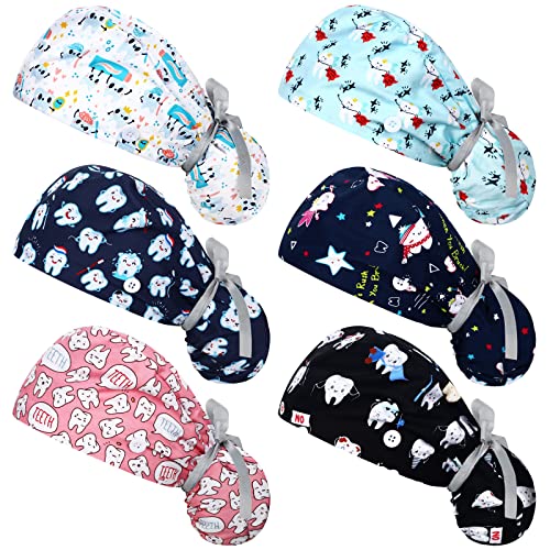 Honoson 6 Pcs Dental Scrub Caps Women Dentist Nursing Hats Adjustable Bouffant Nurse Hats Ponytail Turban Caps