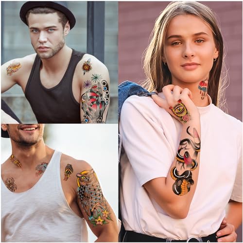Yazhiji 77sheets Waterproof Fake Tattoo for Men or Women 17sheets Larger Half Arm Owl Peony Butterfly Snake Temporary Tattoos for Boy or Girl And 60 sheets Tiny Flower Tattoo Sticker for Kids