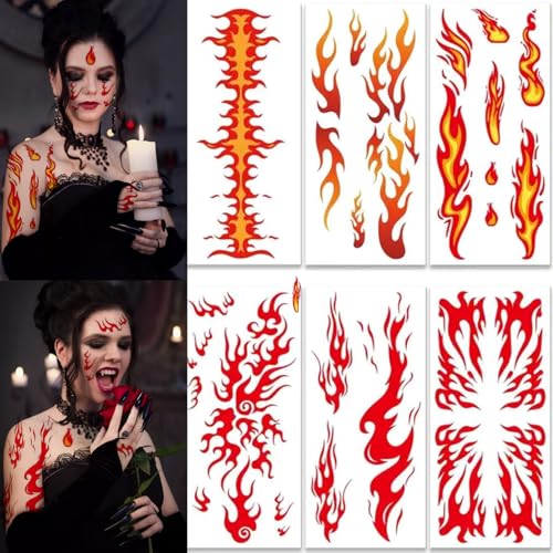 6 Sheets Flame Tattoo Stickers Decals Halloween Makeup Face Sticker for Women Men Body Dress Up Decoration Festival Party