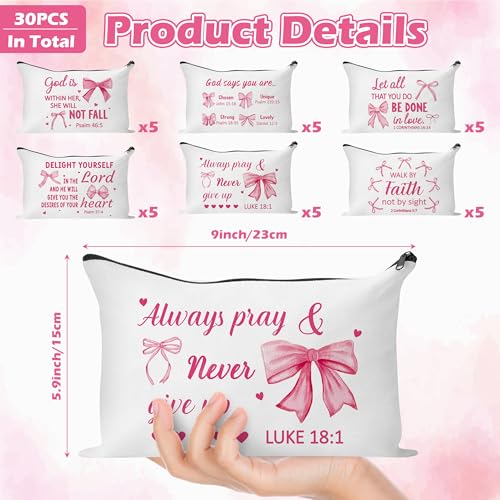 Y1tvei Bow Bible Cosmetic Bags - 30Pcs Pink Coquette Mini Bible Verse Makeup Bag with Zipper, White Canvas Large Capacity Cosmetic Bags Set Gifts Bulk for Women Girls Inspirational Church Party Favors