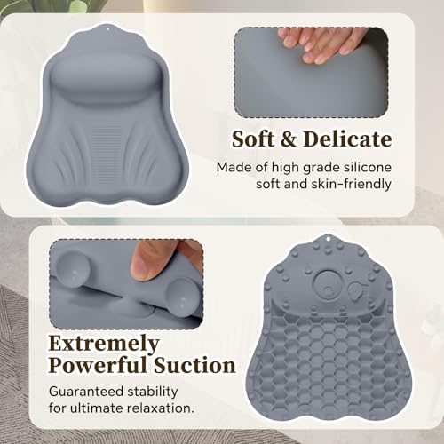 Luxury Silicone Bath Pillow for Tub, New Cloud-Soft 4D Air-Cushion Bathtub Pillow for Head and Neck & Back Support, Strong Suction Cups, Waterproof Quick-Dry Bathtub Headrest (Gray)
