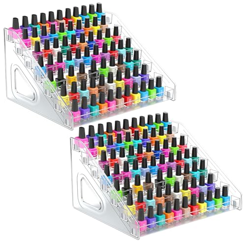 2 Pack 7 Tier Oil Nail Polish Display Rack Sunglass Essential Nail Polish Organizers Acrylic Makeup Oils Ink Storage 84 Bottles Nails Polishs Large Capacity No Tool Needed Assembly Clear