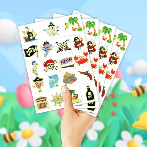 EMOME Glow Temporary Tattoos for Kids, Kid Tattoos for Party Favors Decorations Supplies, Cute Tattoo Sticker Goodie Bag Stuffers Boys and Girls (Pirate)