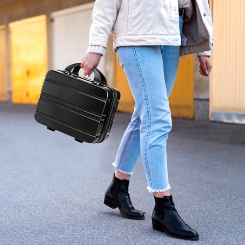 Mini Hard Shell Cosmetic Travel Case, 12 Inch Small Portable Makeup Train Case with Elastic Band Handle, Pressure-proof ABS Carrying Suitcase Toiletry Box for Travel, Camping, Black
