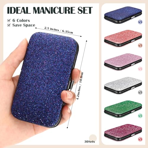 30 Sets Bulk Gifts for Women Manicure Set Bulk Professional Nail Care Kit Nail Clippers Kit 8 in 1 Stainless Steel Pedicure Set with Travel Case for Women Men(Fine Glitter)