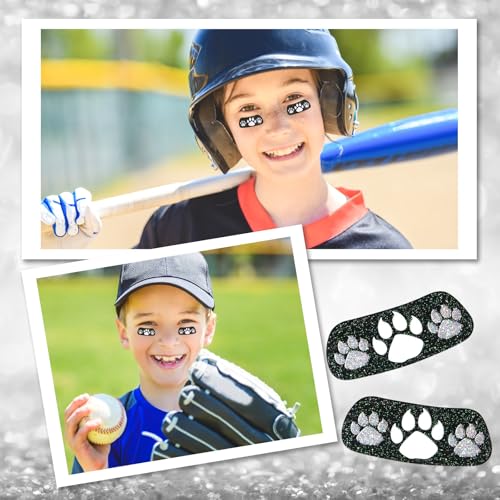 Blulu 24 Pairs Glitter Paw Eye Black Temporary Tattoos Paw Face Tattoo Sticker Claws Sports Eyeblack Cheek Cheers for Football Baseball Softball Birthday Party Sports Fan Cheerleader Supplies(Black)