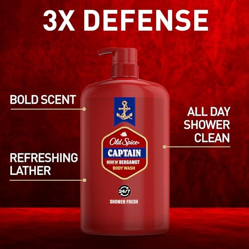 Old Spice Refreshing Body Wash for Men, 3X Defense, 24/7 Shower Fresh with Long Lasting Scent, Red Collection, Captain with Bergamot Scent, 33.4 oz