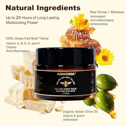 Beef Tallow for Skin, Organic Grass-Fed Beef Tallow Balm with Row Honey, Tallow and Honey Balm, Tallow Face Moisturizer for Face Body, Natural Formula for Dry & Sensitive Skin (2 OZ, Citrus)