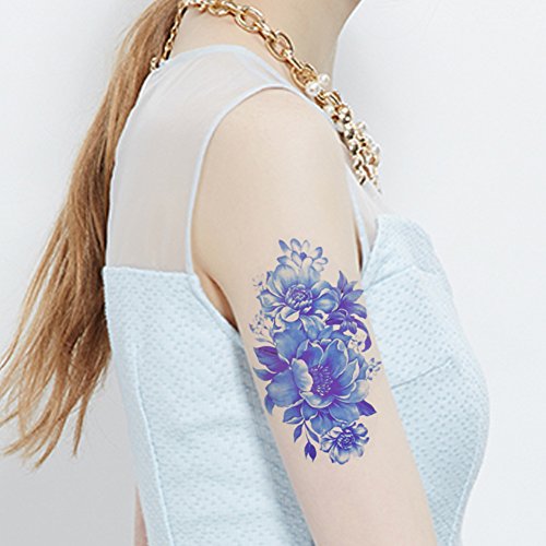 Blue Tattoos Fake Flower Arm Temporary Tattoo Body Sticker for Women 5 Sheets