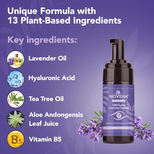 NOVEHA Lavender and Tea Tree Oil Eyelid Foaming Cleanser | Hydrating Hypoallergenic Daily Soap For Eyelashes and Lids, For Demodex, MGD, Stye Eye, Eye Irritations & Dry Skin | 3.38 fl oz (3PK - 100ml)