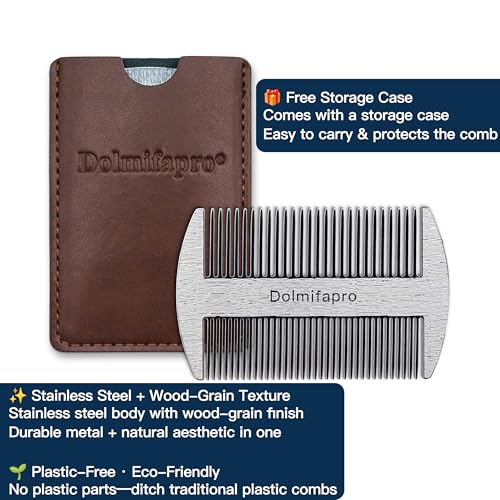 Pocket Comb for Beards, Mustache Comb & Hair Beard Comb for Men Ultra-thin, Stainless Steel, Anti-static with PU Leather Case (silvery)
