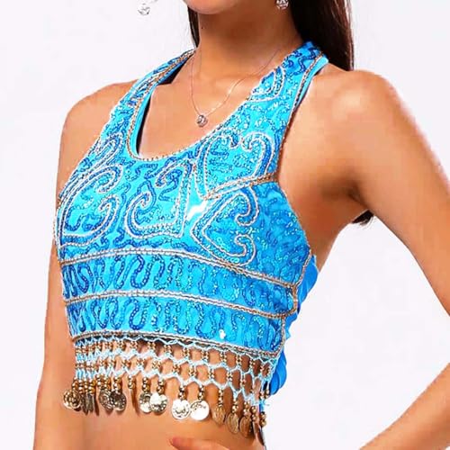 GRAEEN Belly Dance Sequin Crop Top Coin Tassel Rave Carnival Costume Bra Tops for Women