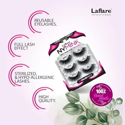 Laflare 100% Real Mink Lashes, 3D NY Mink Eyelashes, Hand-Rowing Natural Long Wispy False Lashes for Luxury Makeup, Natural, Light,Trendy, Reusable (NY68, VALUE PACK)