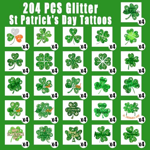 Partywind 204 PCS Glitter Shamrock Tattoos for St Patrick's Day, Individually Wrapped Cut Tattoo Stickers for Saint Patrick's Day Decorations Party Supplies, Irish Clover Accessories for Kids Adults