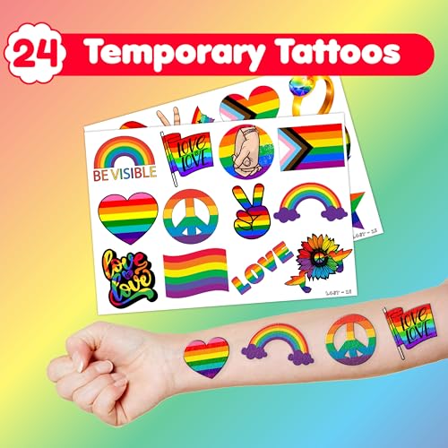 48PCS Pride Party Set - 24PCS Rainbow Temporary Tattoos & 24PCS Slap Bracelets-LGBTQ+Celebration Supplies, Birthday Gifts, Baby Shower Favors, Classroom Rewards,Party Decor for Kids (Boys & Girls)