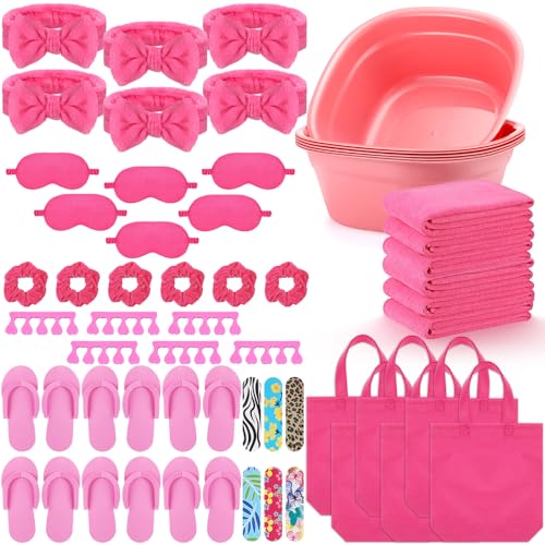 54Pcs Kids Foot Spa Party Supplies for Girl Spa Party Favors 6 Washbasin 6 Tote Bags 6 Hand Towels 6 Toe Separators 6 Hair Scrunchies 6 Hairband 6 Slipper 6 Eye Mask 6 Nail File(Rose Red)