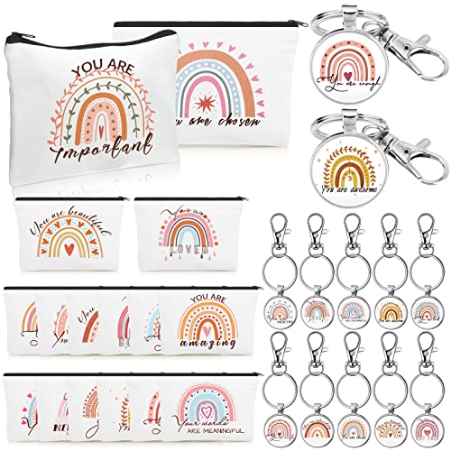 Pinkunn Valentines Rainbow Canvas Cosmetic Bag Bulk Gift for Women with Inspirational Quote Keychains Set 16 Pcs Cosmetic Bags 16 Pcs Keychains You are Amazing Beautiful Kind Travel Pouch Zipper