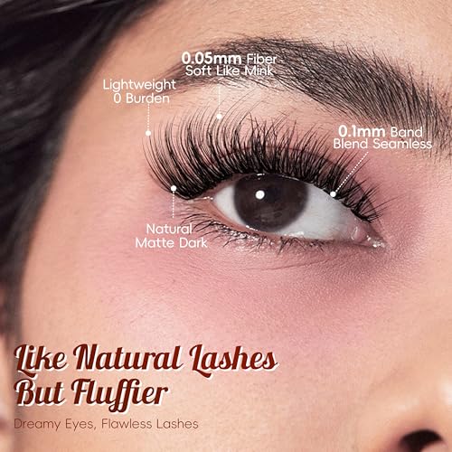 Natural Lashes 0.05mm PBT Fiber Lightweight Wispy Lashes, 0.1mm Superfine Invisible Clear Band 14mm False Eyelashes, 5 Pairs Fake Eyelashes Wispy Cat Eye Lashes(Glitz-5 Pairs Lashes Pack)