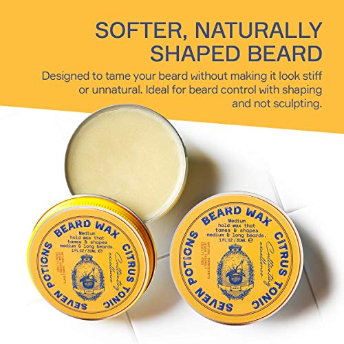 SEVEN POTIONS Beard Wax for Men ? Medium Hold Styling Wax to Shape And Nourish Your Beard ? All-Natural, Vegan, Cruelty Free ? Citrus Tonic (1 FL OZ)