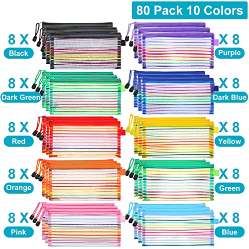 Leelosp 80 Pcs Mesh Zipper Pouch Bulk Pencil Storage Pouch Mesh Cosmetics Bag Toiletry Makeup Bags Employee Appreciation Gift for Office Travel Organization(Elegant Color,9 x 4.7 Inch)