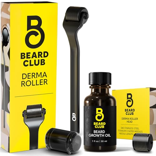 The Beard Club Derma Roller, Beard Growth Oil & Replacement Head for Face, Body and Scalp Microneedling Roller for Men and Women with 540 Titanium Microneedles - Beard Roller for Hair & Beard
