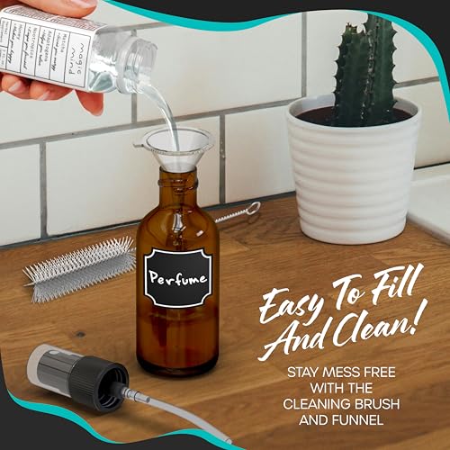 Nevlers Amber Glass Spray Bottles 4 Oz 24 Pack | Small Spray Bottle 4 Oz Set w/Shrink Wrap, Funnel, Labels, Brush & Marker | Spritzer Bottles for Hair, Face & More | Glass Bottle Sprayer for Travel