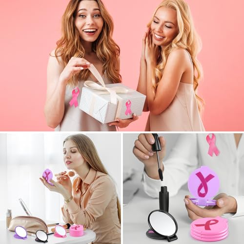 100pcs Breast Cancer Awareness Gifts for Women Pink Ribbon Mini Folding Makeup Mirror Bulk Round Pocket Portable Mirror Breast Cancer Awareness Accessories for Girls Survivor Party Favors Supplies