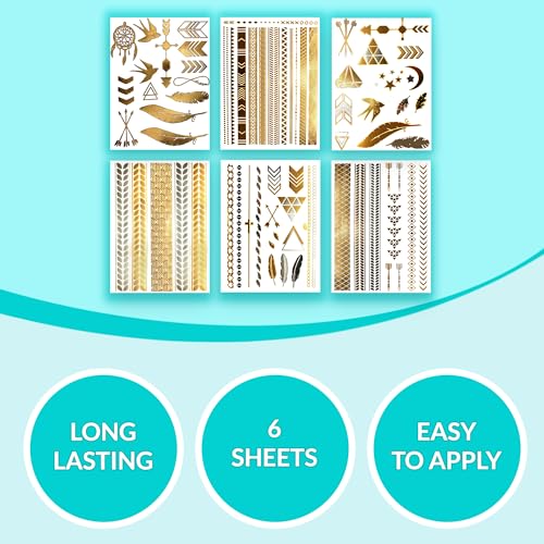 Terra Tattoos Gold Metallic Tattoo Flash Sheets Designs of Stars, Feathers, Moon & more! Face Tattoos for Women Waterproof Nontoxic Long Lasting 75+ Designs for Vacation, Festivals Parties - Gold