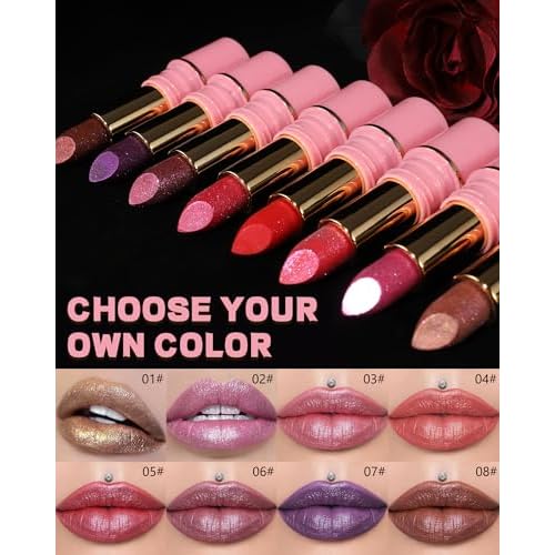 Metallic Nude Pink Glitter Lipstick Long Lasting,Glitter Lipstick Diamond Shimmer Lip Gloss for Women,Transfer Proof Non-Stick Lipgloss Highly Pigmented Full Coverage Red Lip Color Makeup Gift-02