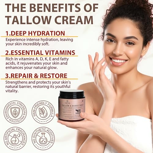 Grass-Fed Beef Tallow Moisturizer with Honey & Beeswax ? Whipped Tallow Face Cream for Deep Hydration ? Natural Face & Body Balm for Dry, Sensitive Skin ? 4.2 oz for Men & Women