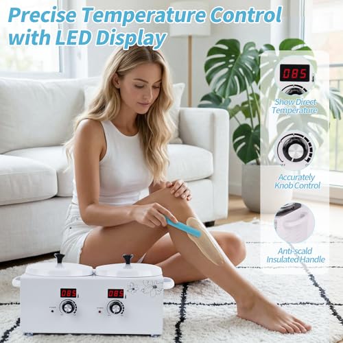 Double Wax Warmer for Hair Removal, Yofuly Professional Large Wax Heater Machine with Silicone Pot Liners, Digital Women Home Self Waxing Kit for Facial Skin Body Spa