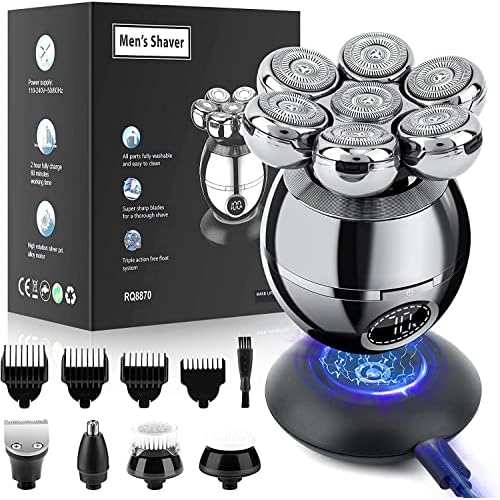Head Shavers for Bald Men, Wjiang 6 in 1 Electric Razor Mens Shaver Wet Dry Cordless Electric Skull Shavers 7D Floating Rechargeable Bald Head Shaver Back for Men Father's Day Gifts