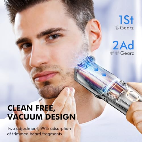 Advanced Vacuum Beard Trimmer for Men: Vacuum Mustache Trimmer with Precision Knob, Adjustable 20mm Length Settings, 2 Combs, IPX6 Waterproof-Rechargeable Vacuum Trimmer for Beard, Black