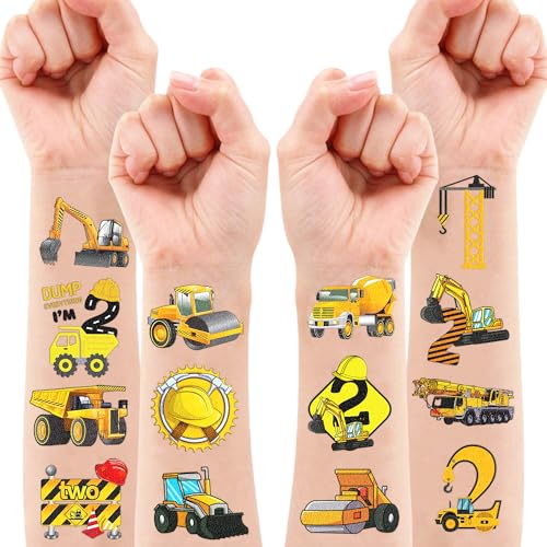 100 PCS Construction 2nd Temporary Tattoos Birthday Party Decorations Favors Supplies Trucks Tractor Two Years Old Vehical Excavator Bulldozer Stickers Gifts For Boys Classroom School Prizes Reward
