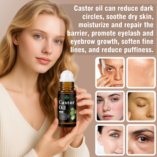Organic Castor Oil Roll on ? 100% Pure & Cold Pressed Organic Castor Oil for Face, Body, Hexane Free, Glass Bottle ? Hair & Eyelashes Growth, Moisturize Skin, 1fl oz