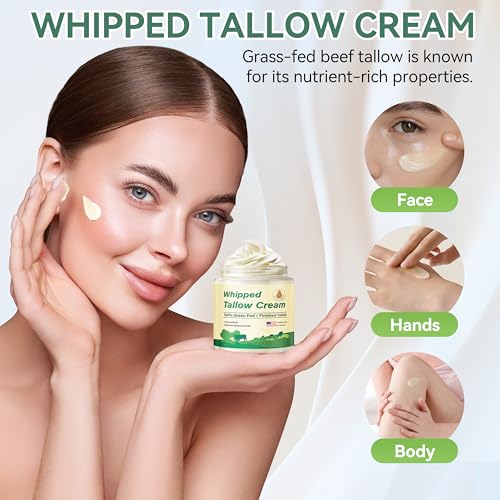 Beef Tallow for Skin, Organic Grass Fed Whipped Beef Tallow Balm Moisturizer Deeply Nourishing for Face & Body, Natural Unscented Tallow Face Moisturizer Cream for Dry Skin, 4oz