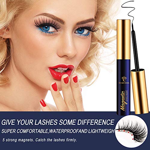 3D Magnetic Eyelashes Natural Look with Eyeliner Kit - 7C SEVENCROWN Magnetic Lashes - Upgraded 4 tubes of Liner - 10 Pairs Reusable False Eyelash Kit with Applicator Easy to Apply.